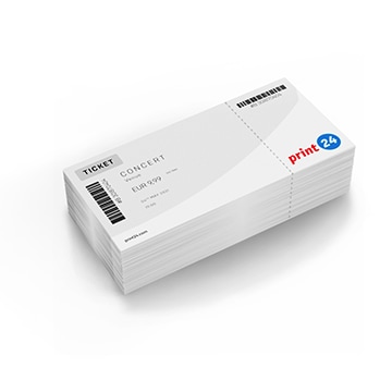 Pilha de ingressos brancos em formato paisagem, impressos com o logotipo da print24, código de barras e detalhes do ingresso, como preço e local, visíveis no lado direito.