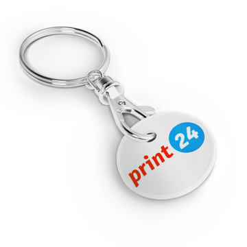 Atslēgu piekariņš ar apaļu, baltu kulonu un print24 apdruku sarkanā un zilā krāsā, piestiprināts pie sudraba gredzena.