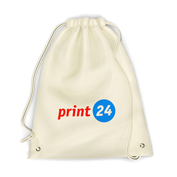 Фитнес чанта от бял плат с шнур и print24 лого в червено и синьо.