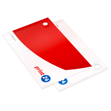 Imagen del producto: Etiqueta de regalo roja y blanca con impresión print24. Un orificio en la esquina superior izquierda permite colgarla. Perfecta para publicidad o presentaciones de marca.