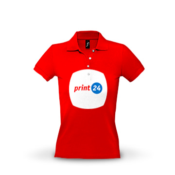 Camisa polo vermelha com o logotipo "print24" na frente e fundo branco. Ideal para serviços de impressão personalizados.