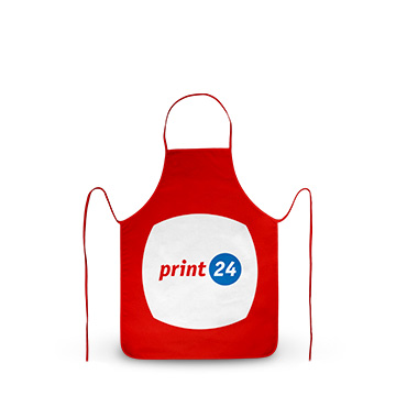 Rødt forkle med hvite detaljer, med print24-logoen foran. Forkleet har nakkebånd og lange sidebånd.