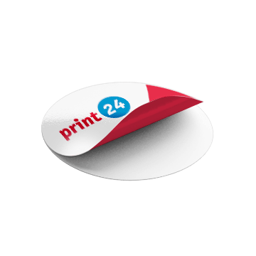 Ronde sticker met print24-logo, hoekje iets verwijderd – toont materiaalstructuur en kleefoppervlak