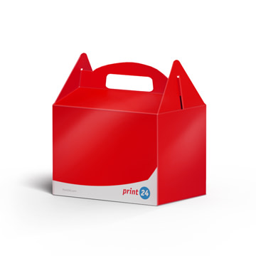 Draagbeugelbox van print24 met wit logo, ideaal voor transport of als cadeau. Voorzien van een robuuste handgreep en afgeschuinde zijkanten voor eenvoudig gebruik.