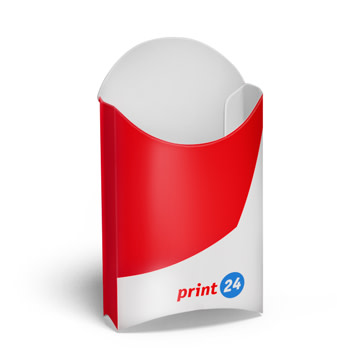 Produkta attēls frī kartupeļu kastītēm ar print24 logotipu, individuālam dizainam un apdrukai, izolēts uz balta fona.