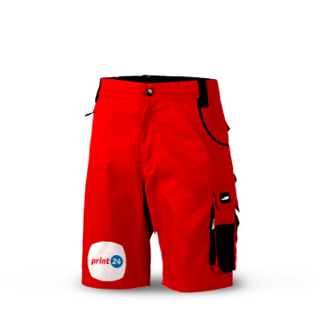 Calça de trabalho curta vermelha com vários bolsos, bainha preta e fecho de botão, com o logotipo print24 no canto inferior esquerdo.