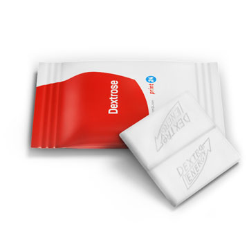 Dwie tabletki energetyczne z dekstrozą w opakowaniu z możliwością nadruku, logo i napisem „Dextrose”, idealne, aby szybko uzupełnić zapas energii w podróży.
