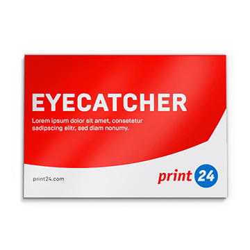 Építési jelzések, design piros háttérrel és fehér "EYECATCHER" szöveggel, alatta látszatszöveggel. Kék print24 logó a jobb alsó sarokban.