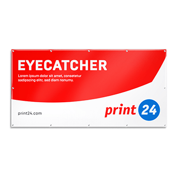 Építési kerítés transzparens piros mintával, "EYECATCHER" szöveggel és print24 logóval. Kültéri reklámozásra alkalmas.