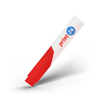 Regla plegable con el logotipo print24 en rojo y blanco: herramienta de medición precisa como artículo promocional impreso individualmente.