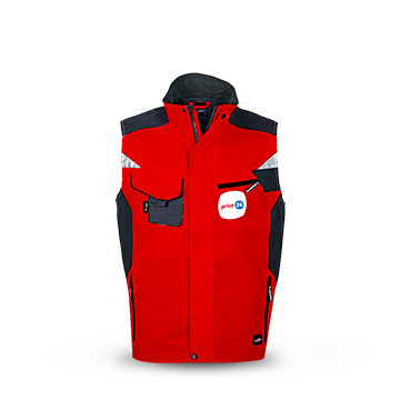 Chaleco de trabajo rojo sin mangas con estampado de logo en el pecho, detalles en los hombros negros y múltiples bolsillos, adecuado para actividades laborales y de ocio.