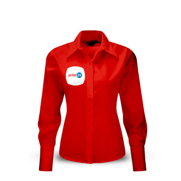 Blusa feminina vermelha com mangas compridas e carcela de botões, estampada com o logotipo "print24.de" branco e vermelho no peito.