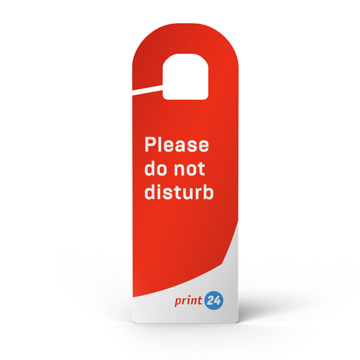 Rotes Türschild mit der weißen Aufschrift "Please do not disturb" und Logo von print24 auf weißem Hintergrund, geeignet für Hotels oder Büros.