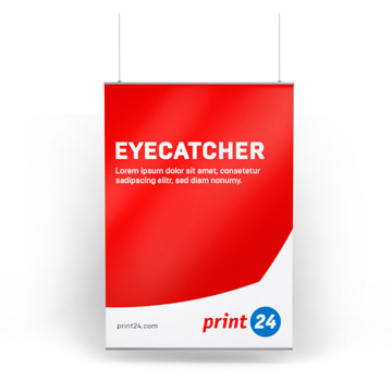 Mennyezetre függő poszter "EYECATCHER" címmel és print24 logóval.