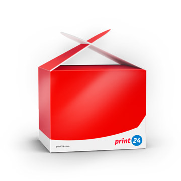 Slika izdelka: Škatle s trakom z napol odprtim pokrovom, potiskane z logotipom print24, na beli podlagi, idealne za pakiranje izdelkov.