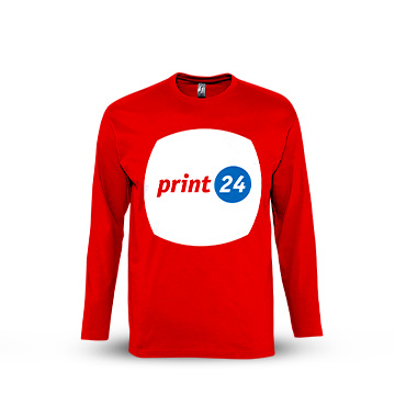 Raudonas megztinis su dideliu baltu „print24“ logotipu priekyje mėlynos ir raudonos spalvos atspaudu baltame fone.