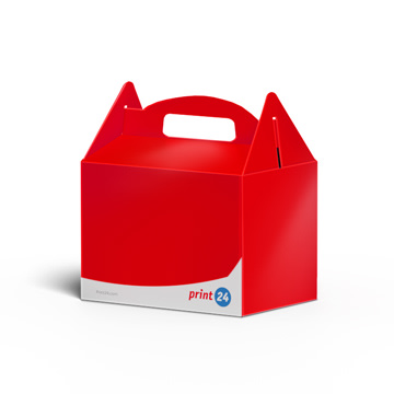 Produktbild Tragegriffschachteln von print24 mit weißem Firmenlogo, handlicher Transportkarton ideal für Events oder Mitnahme von Produkten, schlichtes und modernes Design.