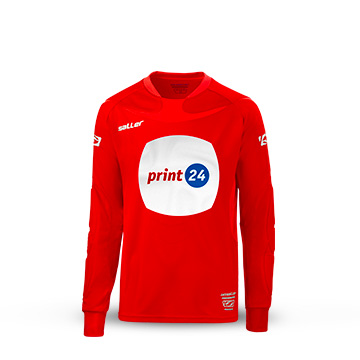 Camiseta roja con logo print24, mangas largas y letras de la marca en el pecho y las mangas.