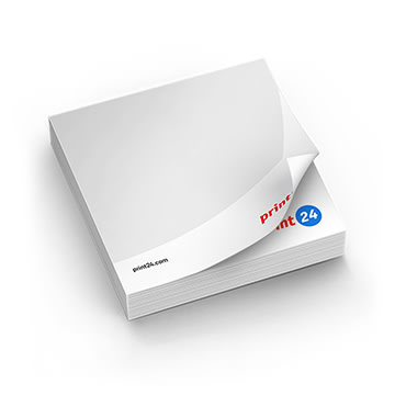 Plaknotitieblokjes met verwijderbare kleefpagina's, een licht los hoekje toont het print24-logo.