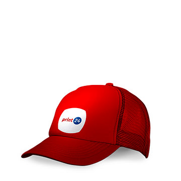 Cappellino da baseball rosso con logo bianco e parte posteriore in rete rossa, raffigurato su sfondo bianco.