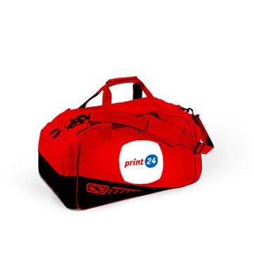 Red sports bag with black and white print24 logo on the side, robust, with carrying handles and an adjustable shoulder strap on a white background.