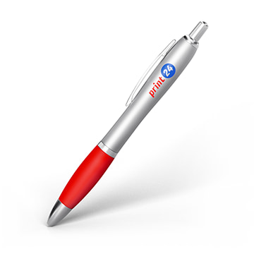 Zilveren balpen met rode grip en clip, blauw logo en drukknopmechanisme – stijlvol gepresenteerd op een witte achtergrond