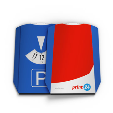 Deux disques de stationnement, l'un bleu avec l'heure et le symbole "P", l'autre rouge avec le logo print24, sur fond blanc.