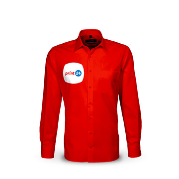 Camisa roja con cuello abotonado, estampada con el logotipo de print24 en el pecho izquierdo, sobre un fondo blanco.