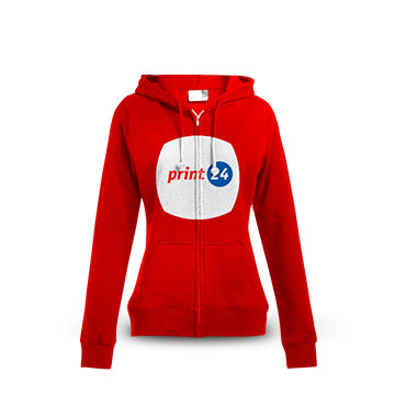 Rdeč pulover z zadrgo in kapuco, spredaj z rdečim in modrim potiskom logotipa print24.