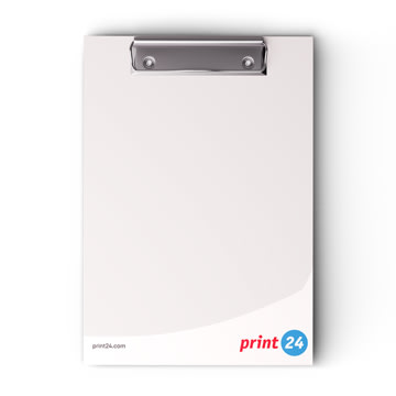Portablocco bianco vuoto con clip in metallo, logo aziendale print24 in basso a destra; ideale per presentazioni o per prendere appunti.