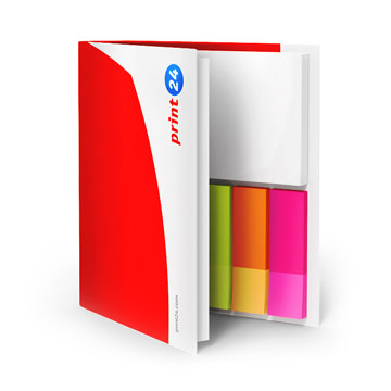 El juego de notas adhesivas con impresión Print24 contiene notas adhesivas blancas y notas adhesivas de colores en verde, naranja, amarillo y rosa, presentadas sobre un fondo blanco.