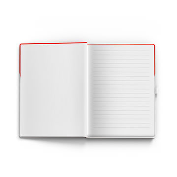 Caiet deschis cu coperta rosie, linie, pe fond alb, ideal pentru note sau schite.