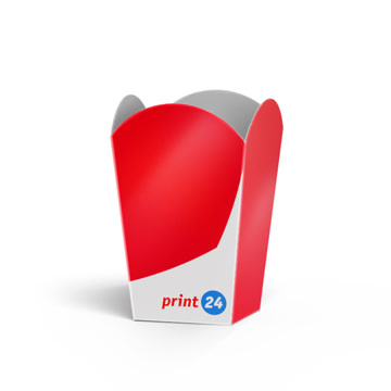 Immagine del prodotto: Scatole per popcorn con il logo print24. La confezione presenta un bordo curvo e offre spazio per popcorn o snack. Ideale per cibo da asporto e fast food.