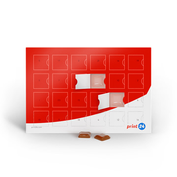 Adventskalender met een rood ontwerp en twee open deurtjes met stukjes chocolade erop; print24-logo in de hoek.