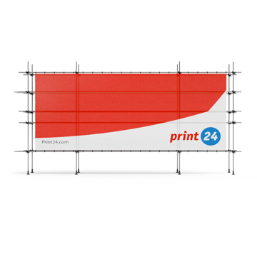 Állványozott banner piros-fehér mintával, amelyen a print24 logó látható.