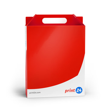 Produkta attēls: Saliekamās kastes ar rokturiem no print24 ar logotipu apakšējā stūrī uz balta fona. Ideāli piemērots prezentācijām vai reklāmas nolūkiem.
