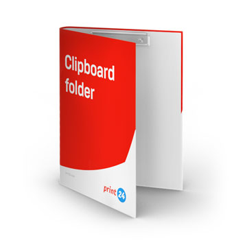 Tootepilt: "Clipboard folder" jäljendi ja print24 logoga kirjutuskaustad, avatud ja väikese hõbedase klambriga, sobivad paberi korrastamiseks.