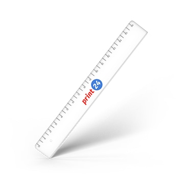 Righello trasparente con logo print24 in blu e rosso, con scala in millimetri, posizionato in diagonale, su sfondo bianco.