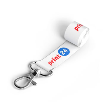 Breloc cu carabinier și curea albă extensibilă, imprimat cu logo-ul print24 în roșu și albastru.