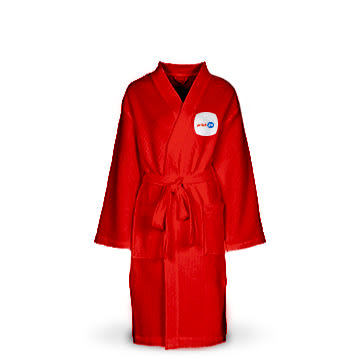 Classic bathrobe in bold red with chest logo from print24, stylishly presented with belt fastening.
