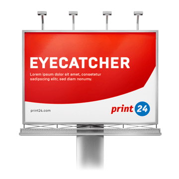 Nagy formátumú poszterek piros dizájnnal, "EYECATCHER" szöveggel és alatta helyőrző szöveggel. Logó: print24 kék körrel és 24-es számmal.