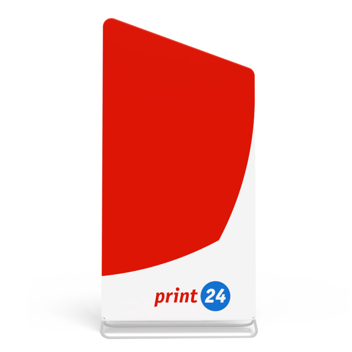 Modern vormgegeven reclamedisplay van print24 met een rood-wit dessin en het logo eronder. Geschikt voor reclame en presentaties, op een witte achtergrond.