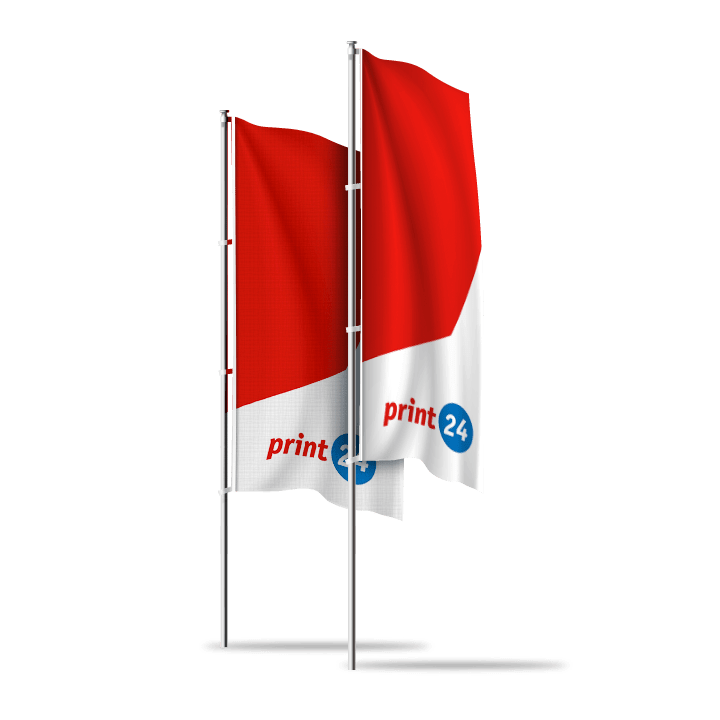 To røde og hvide flag med påtrykket "print 24" flyver side om side på sølvstænger mod en gennemsigtig baggrund.