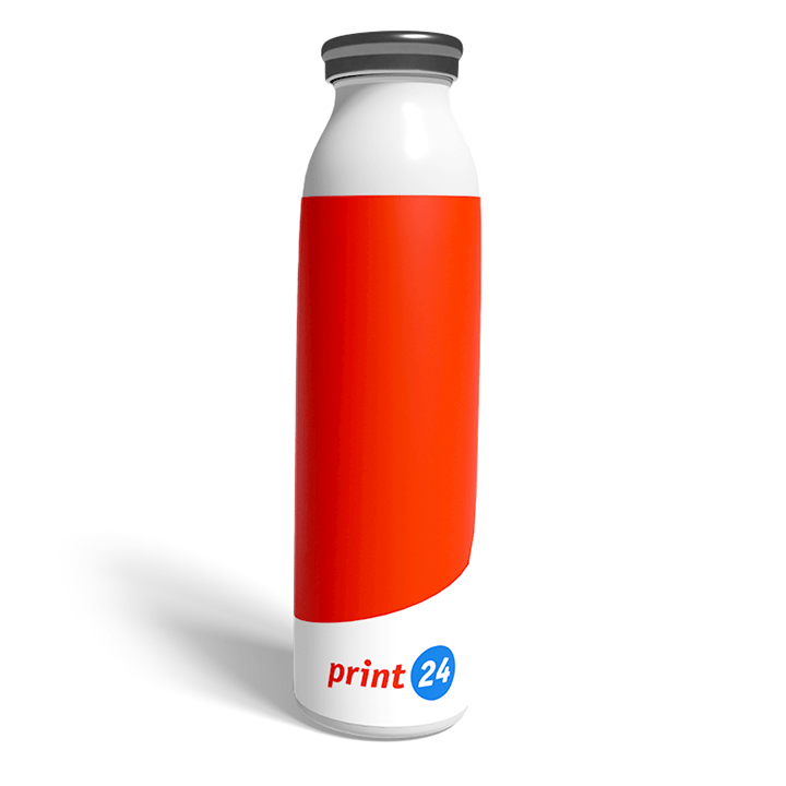 Garrafa de aço inoxidável branca com impressão vermelha e logotipo print24, sobre fundo branco.