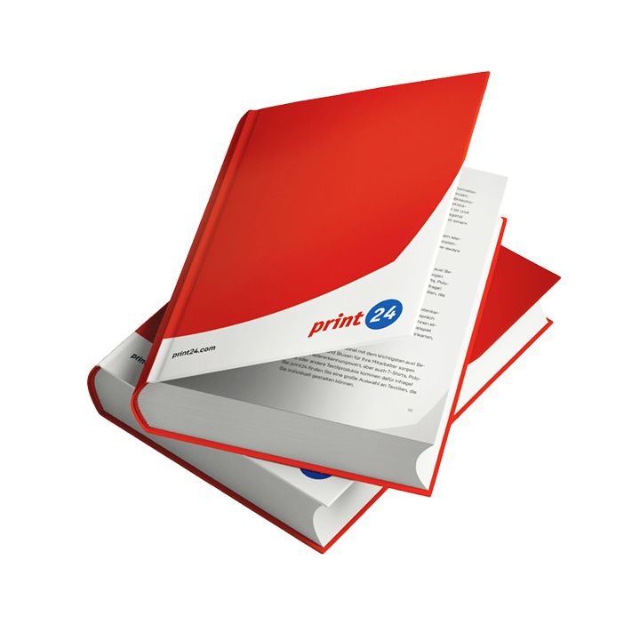 Product image: Hardcover books with white and red cover design and "print24.com" logo, partially opened, representing print-on-demand service.