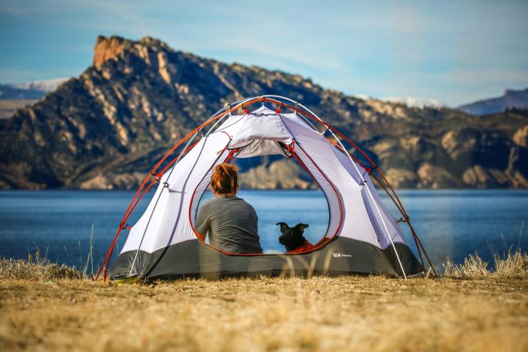 Young woman in a tent with her dog by the river Young woman in a tent with her dog by the river