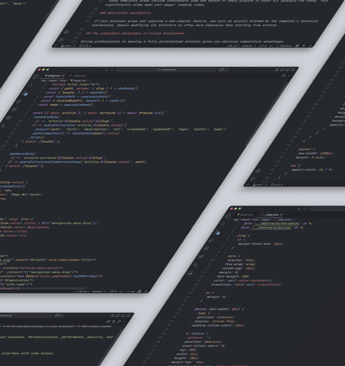 Vue d'ensemble d'un environnement de développement professionnel montrant la structure d'un projet Nuxt 4 : un composant Vue.js pour la structure, un fichier SCSS externe pour le design sur mesure et un fichier Markdown pour le contenu éditorial.