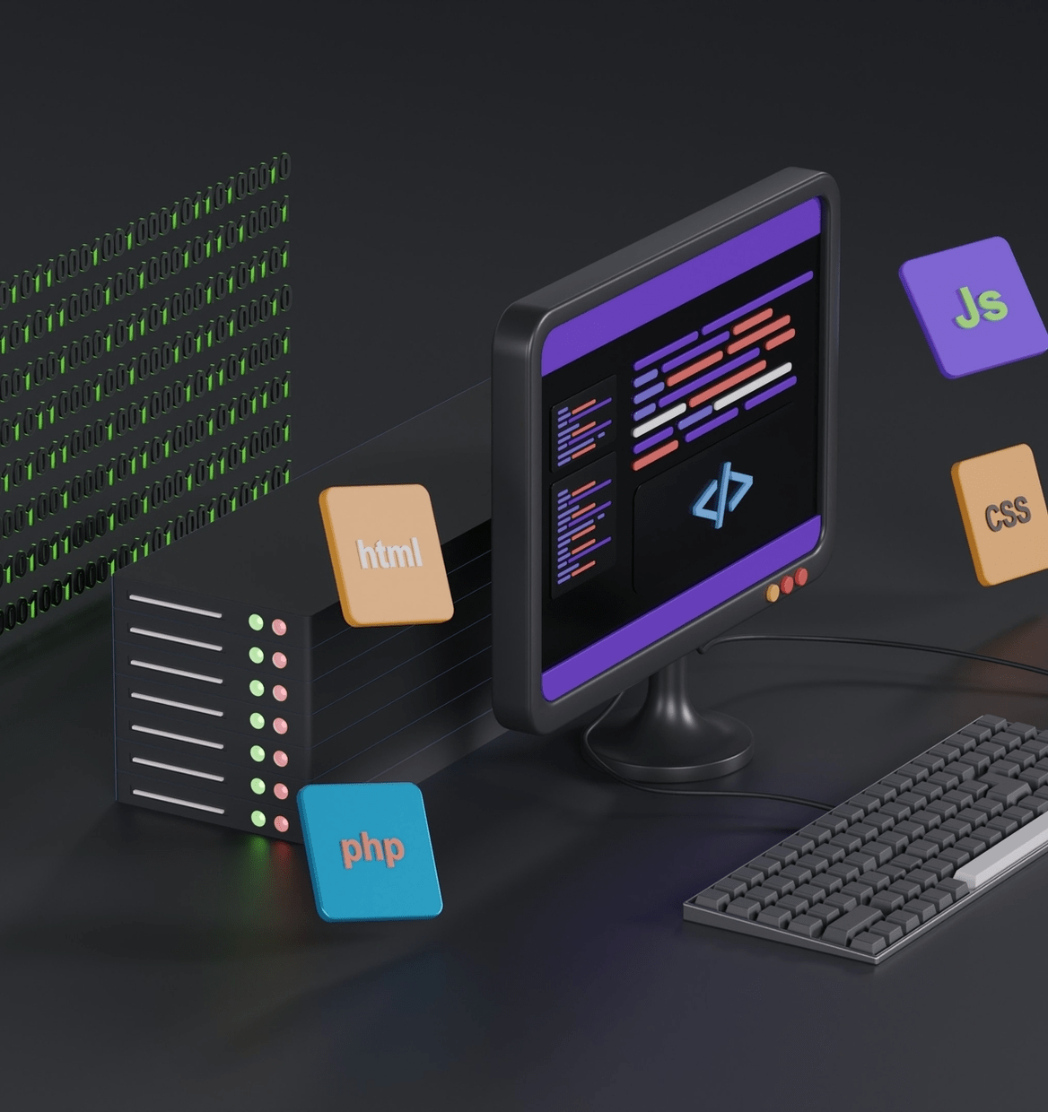 Illustration 3D d’un ordinateur et de blocs HTML, JS, CSS et PHP, symbolisant la création d’un site web.