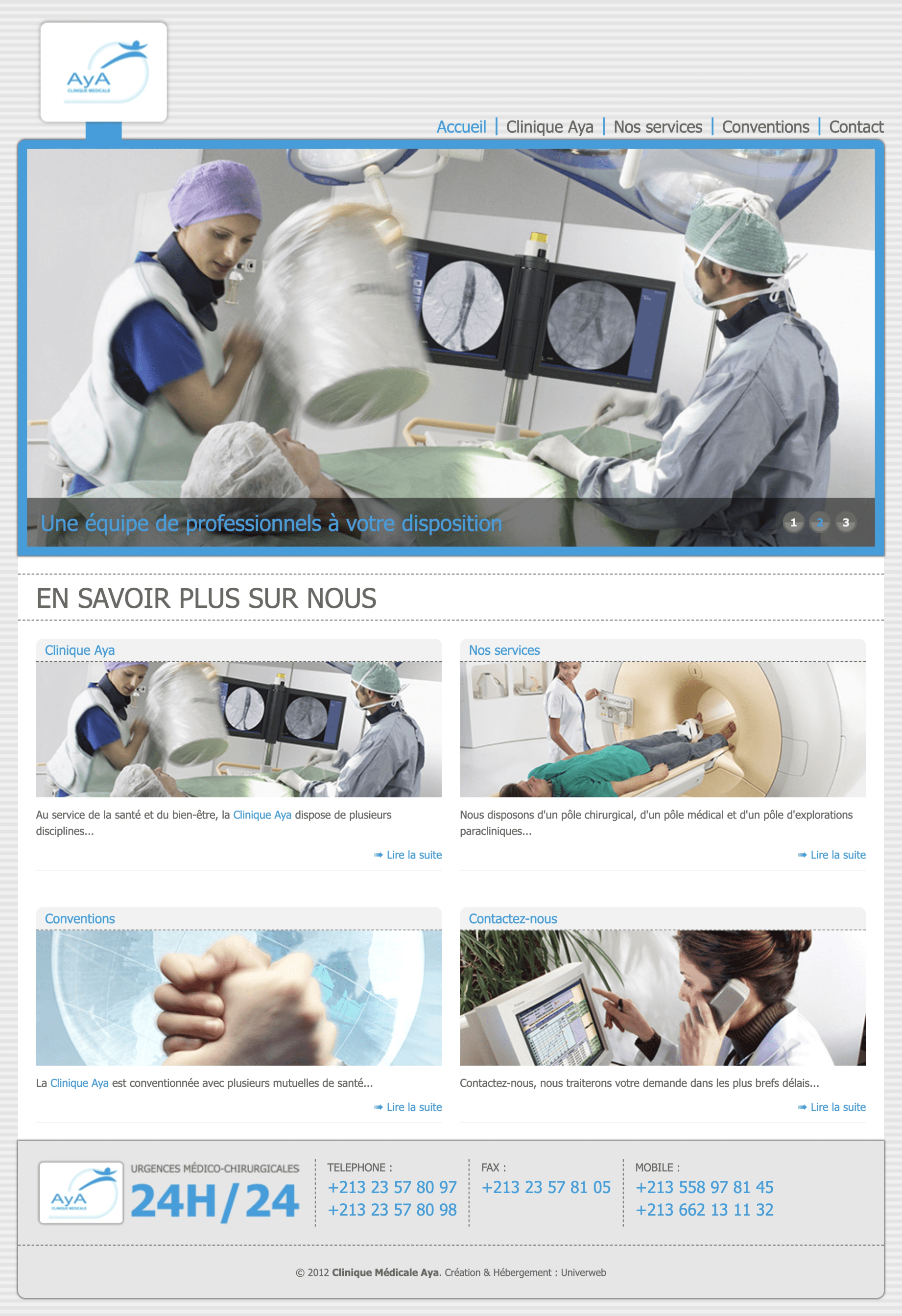 Capture d’écran complète d’une page du site web de Clinique Aya, montrant sa structure et son contenu.