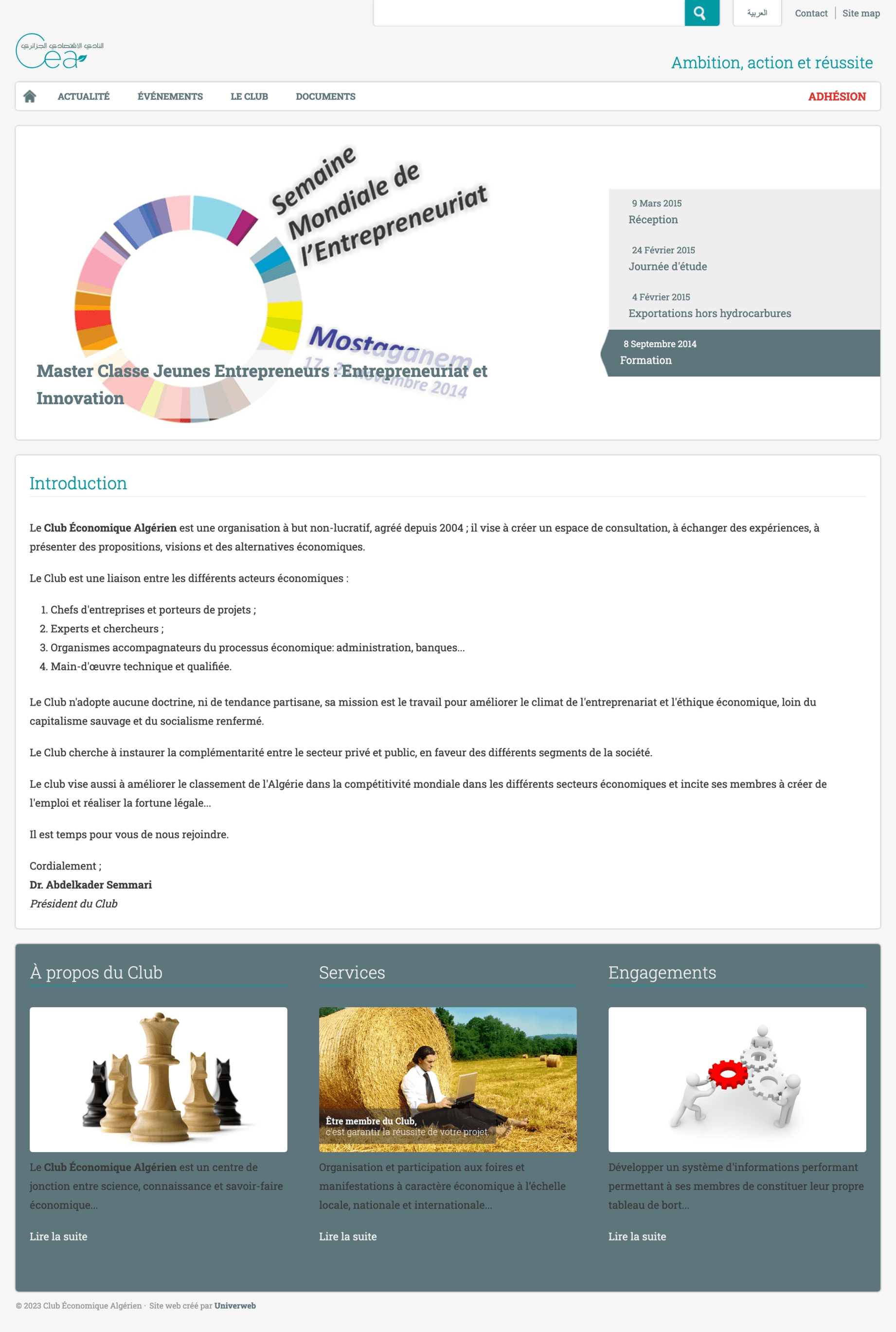 Capture d’écran complète d’une page du site web de Club Économique Algérien, montrant sa structure et son contenu.